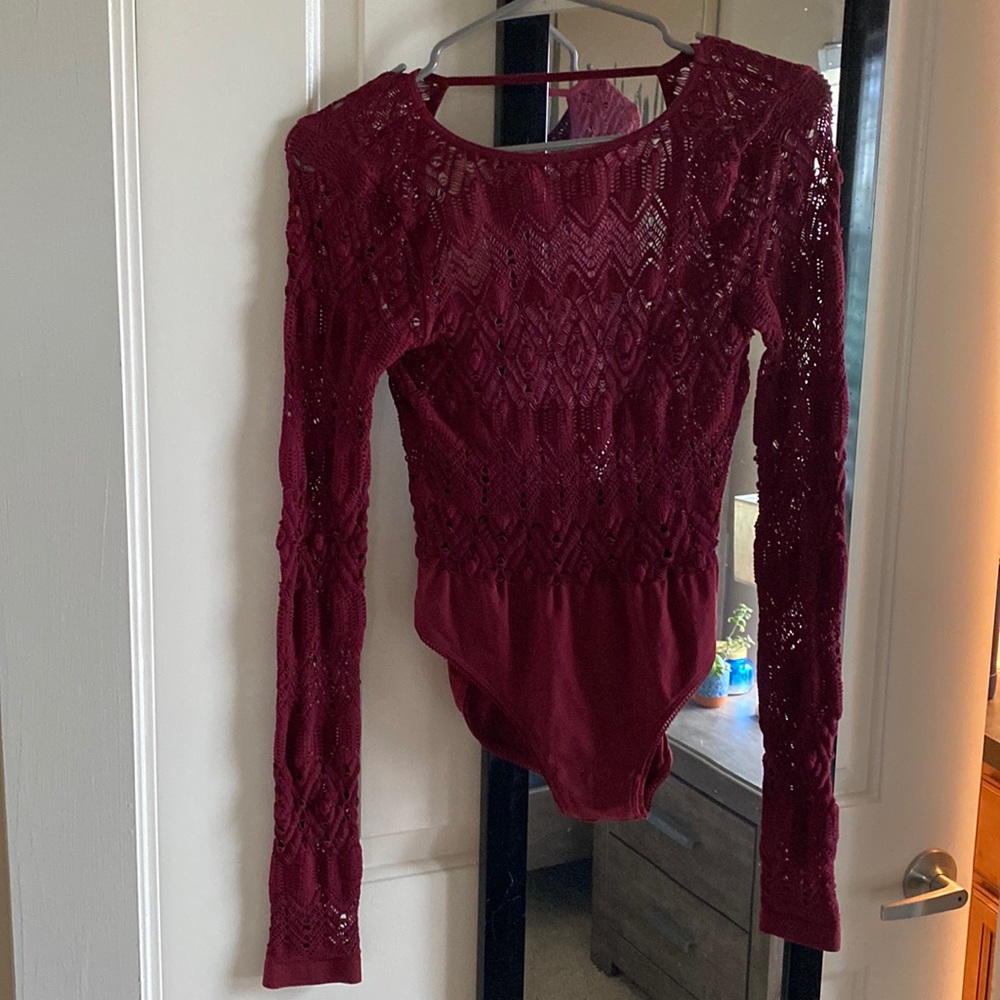 Intimately Free People Maroon Long Sleeve Lace Bodysuit